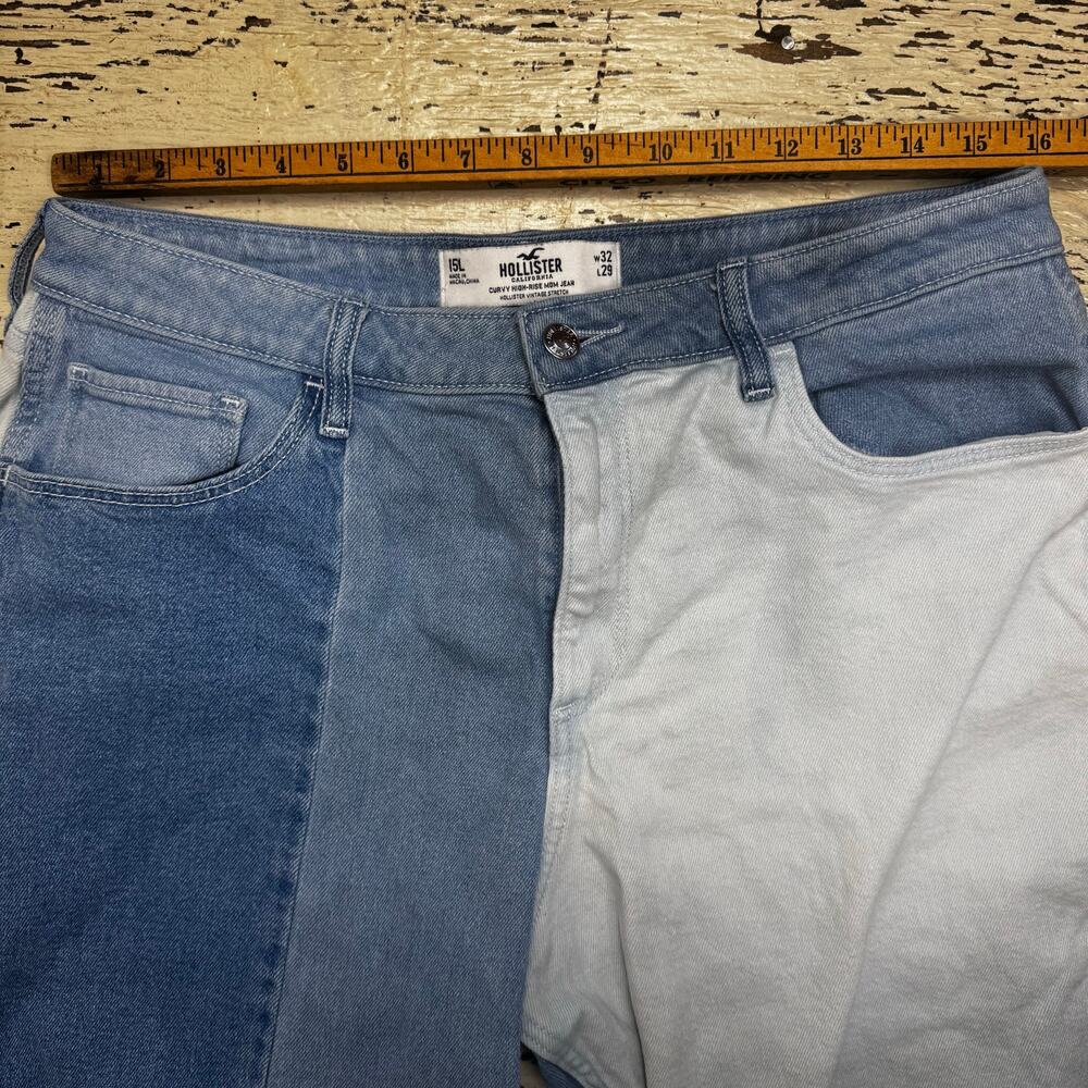Hollister Curvy High Rise Mom Jeans Color Block Patchwork Size 15L 32x29 Raw Hem - Picture 3 of 10